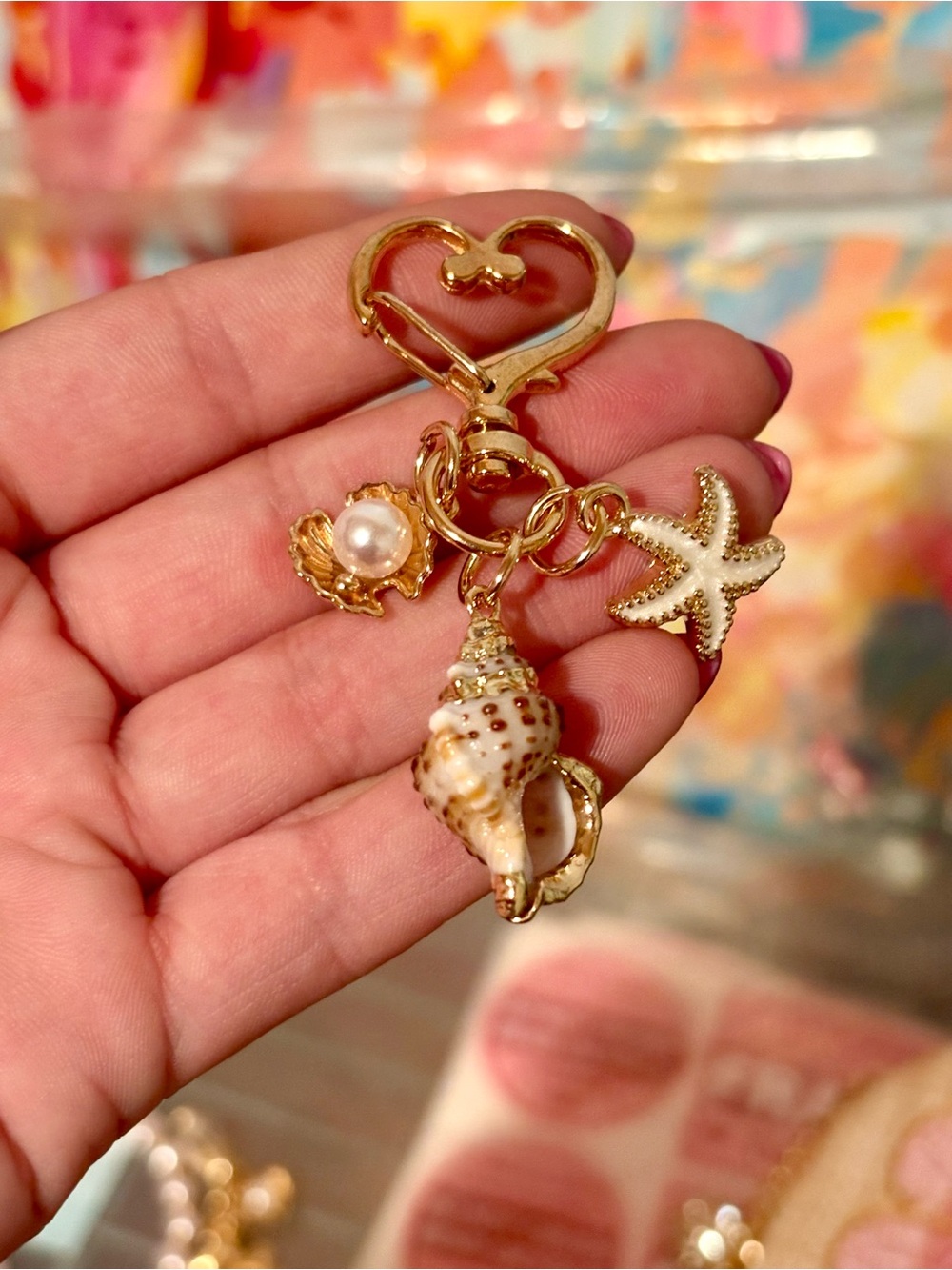 Seashell Starfish Clam w/ Pearl Heart Bag Charm/Keychain